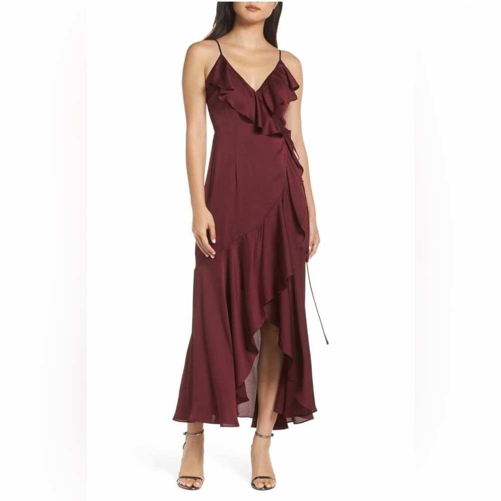 SHONA JOY Womens Luxe Ruffle Trim Wrap Dress Size 4 GARNET Sleeveless